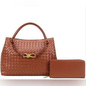 Elegant Brown Woven Leather Handbag and Wallet Set
